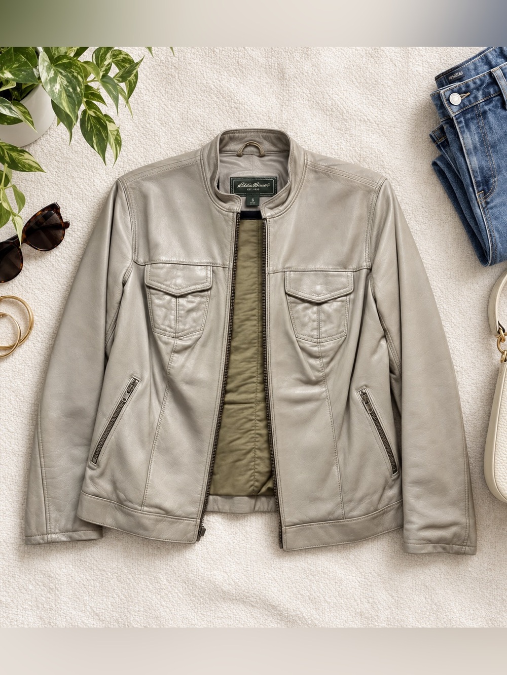 Eddie Bauer Leather Moto Jacket Small | Genuine Leather Biker Classic Cream Zip